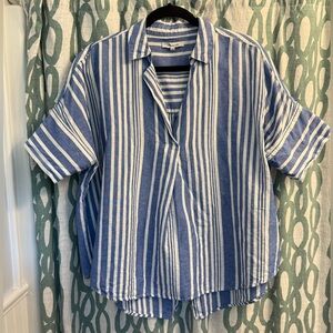 Madewell courier linen blue white stripe short sleeve popover shirt size L
